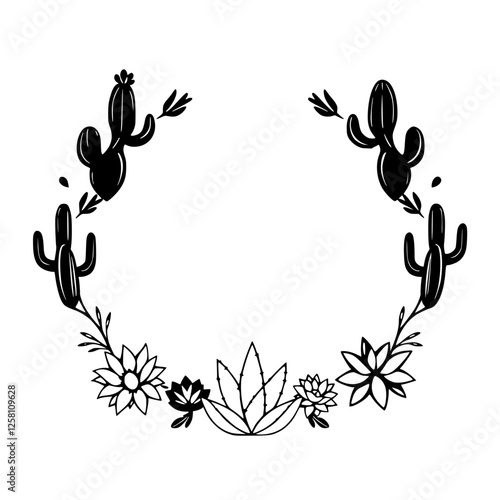 Black and white floral wreath with cactus and succulent illustrations.