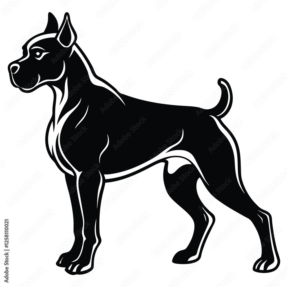 A vector silhouette of a Boxer dog in a powerful stride, A vector silhouette of a Boxer dog in a powerful stride,
