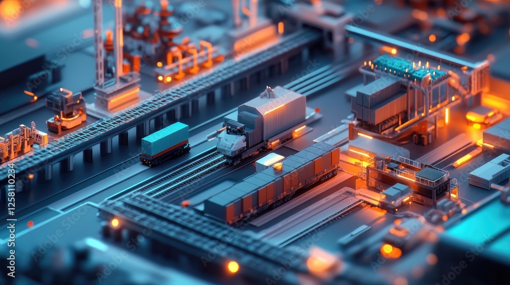 Dynamic 3D visualization of a supply chain process, showcasing interconnected logistics and resource management for improved efficiency in distribution and production. Dynamic 3D visualization of a supply chain process, showcasing interconnected logistics and resource management for improved efficiency in distribution and production.
