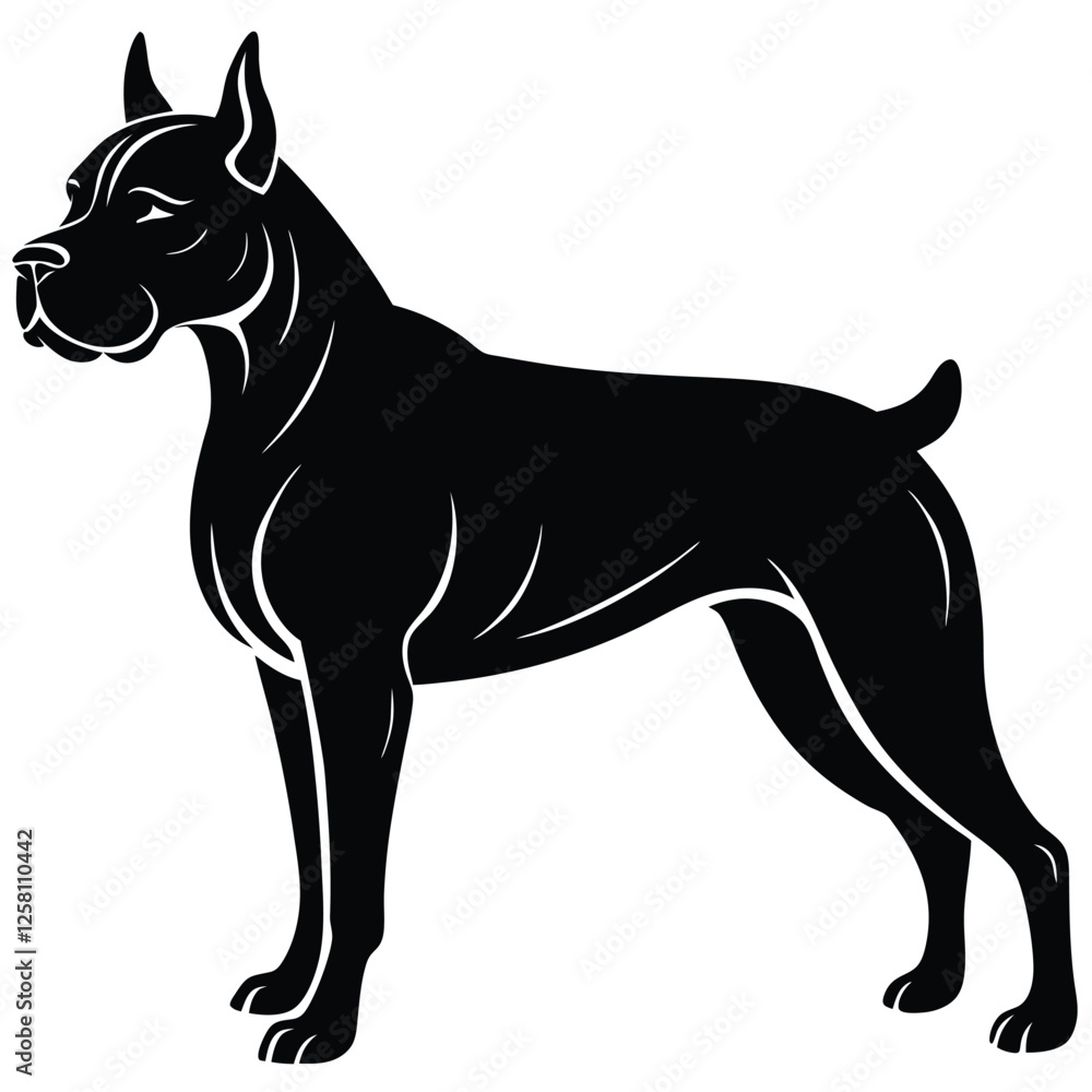 A vector silhouette of a Boxer dog in a powerful stride, A vector silhouette of a Boxer dog in a powerful stride,