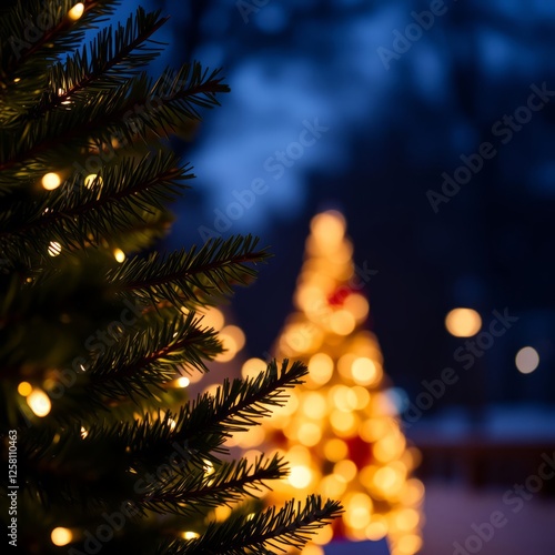 Outdoor christmas tree fir with small bokeh lights happy new year Bokeh light lights background bokeh abstract light bright effect shiny