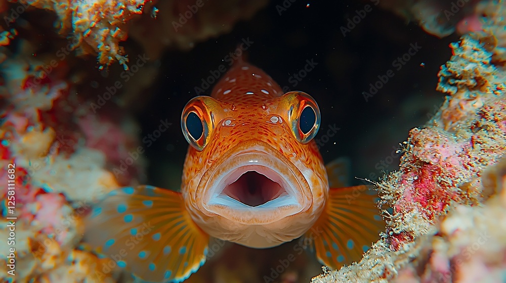 Curious fish in coral reef cave; underwater wildlife Curious fish in coral reef cave; underwater wildlife