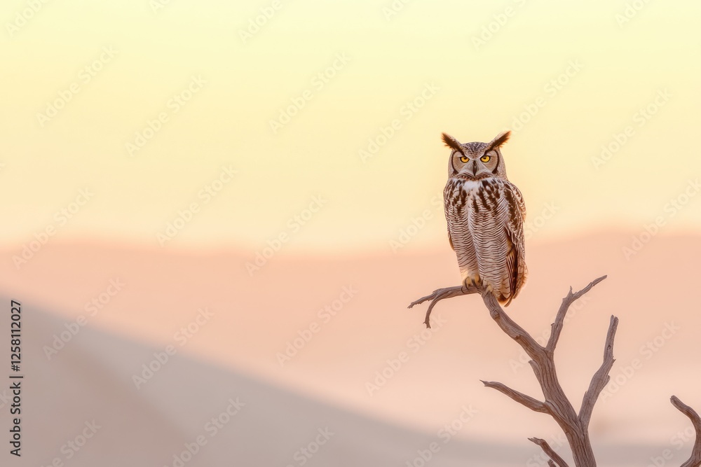 Obraz premium Majestic great horned owl perched on a dead tree branch at sunrise, desert landscape.