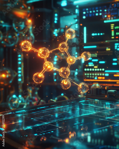 A glowing golden holographic molecular structure floats above a futuristic digital interface in an advanced research lab.