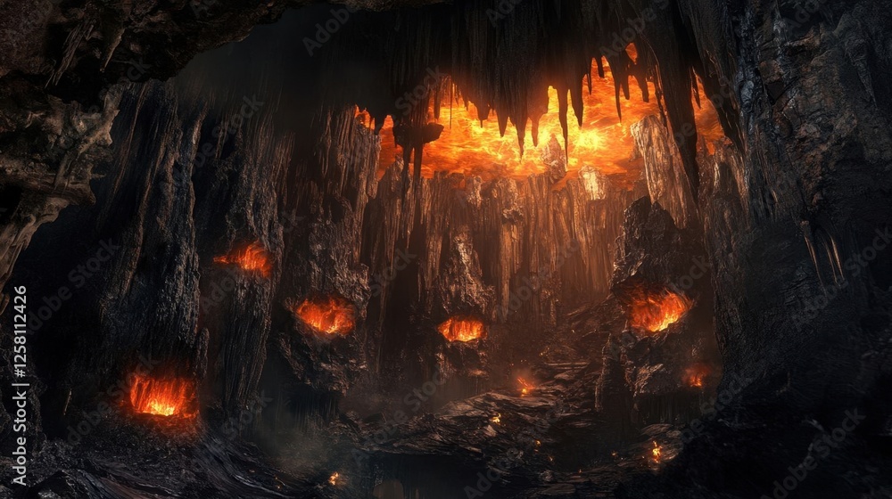 Glowing lava rock stalactites in cave. Glowing lava rock stalactites in cave.
