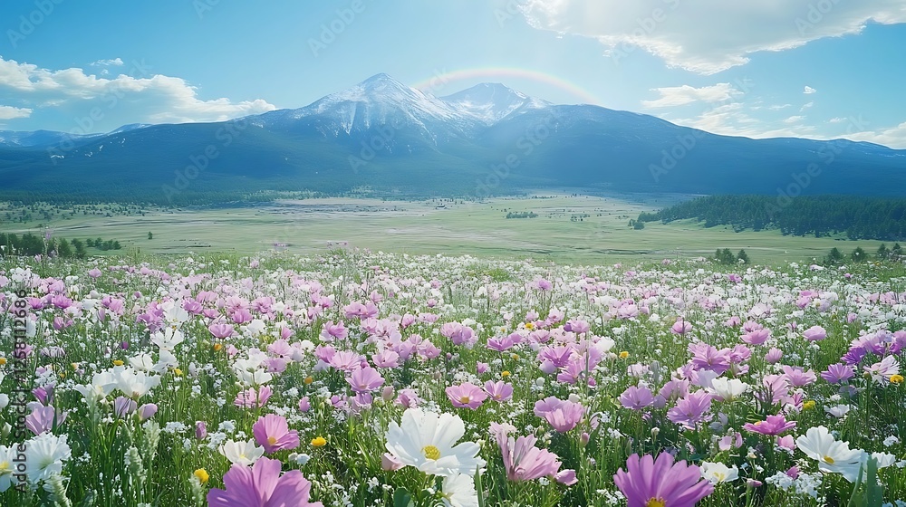 Field of Dreams Purple and White Wildflowers with Majestic Mountains in the Distance on Sunny Summer Day Field of Dreams Purple and White Wildflowers with Majestic Mountains in the Distance on Sunny Summer Day