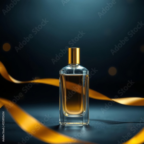 A glass bottle of perfume with a gold top sits on a dark background with a flowing abstract golden ribbon Bokeh light lights background bokeh abstract light bright effect shiny