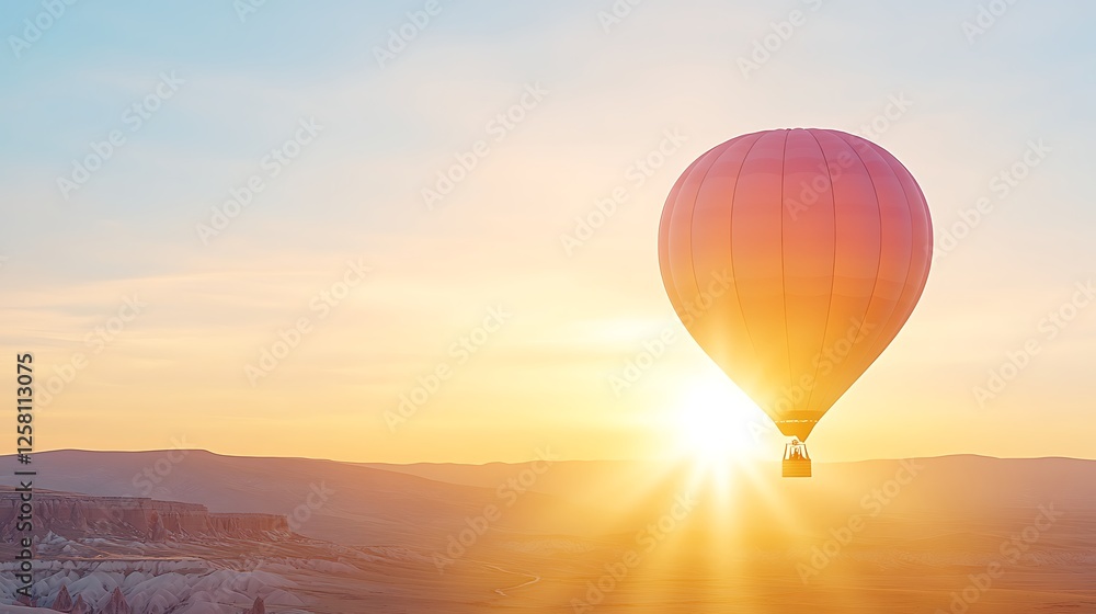Fototapeta premium Floating Balloon Dream Amidst Golden Sunrise An Adventure in the Sky at Dawn Ascending into the Light