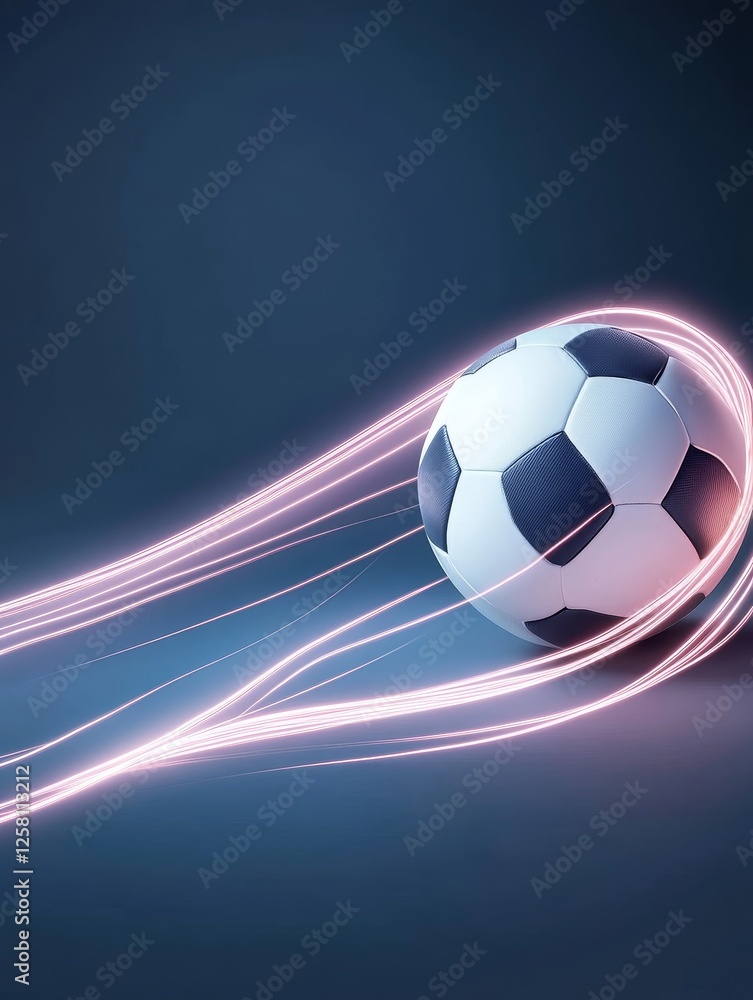 Naklejka premium Futuristic Neon Soccer Ball in Motion - Dynamic soccer ball with neon light trails, symbolizing speed, energy, technology, competition, and victory