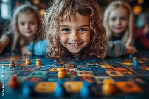 Happy girls playing board game indoors