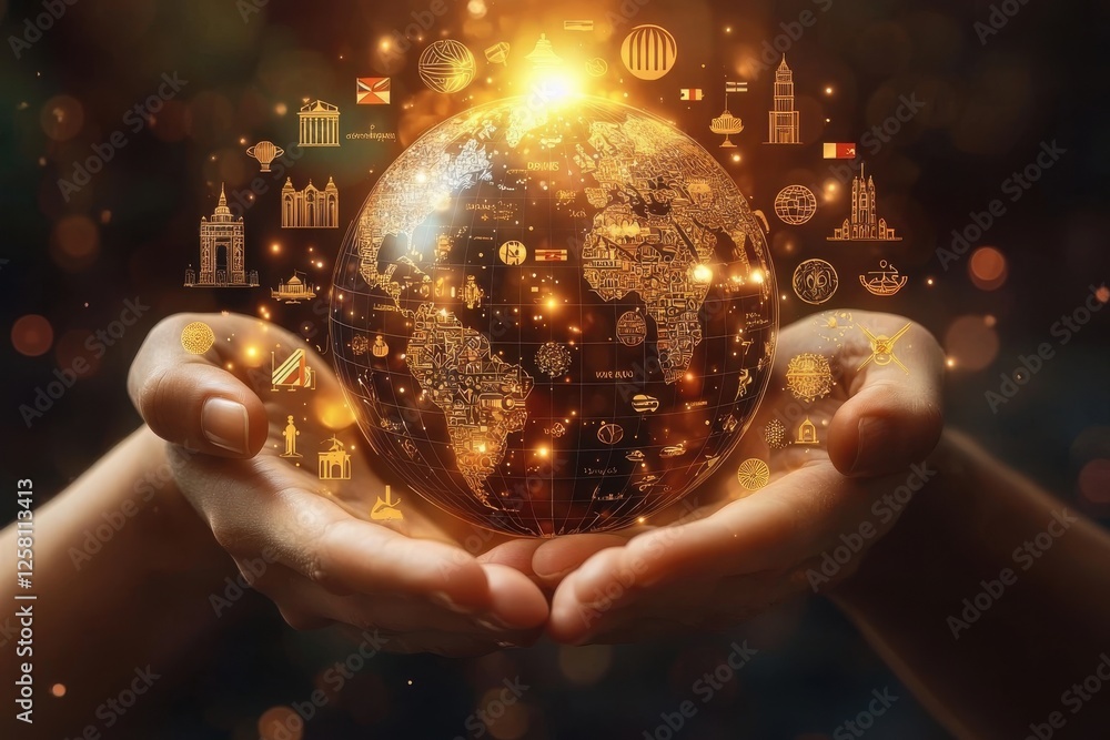 A glowing golden globe held delicately in human hands, surrounded by iconic landmarks and symbols, representing worldwide travel and global connectivity. A glowing golden globe held delicately in human hands, surrounded by iconic landmarks and symbols, representing worldwide travel and global connectivity.