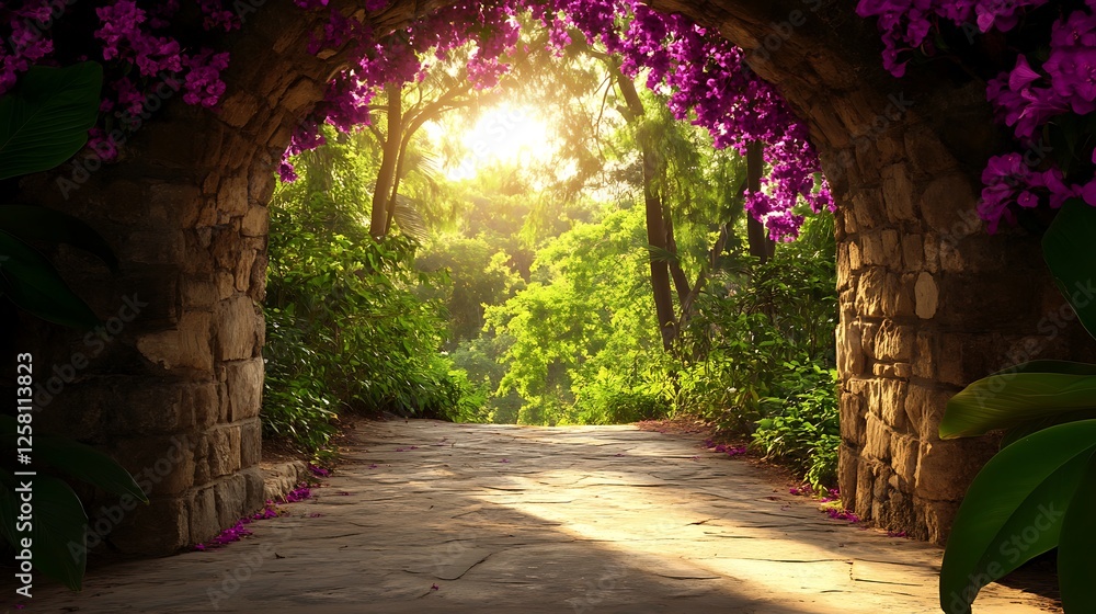 Obraz premium Floral Archway Serenity Journey in Nature's Embrace of the Path to Enlightenment and Peace