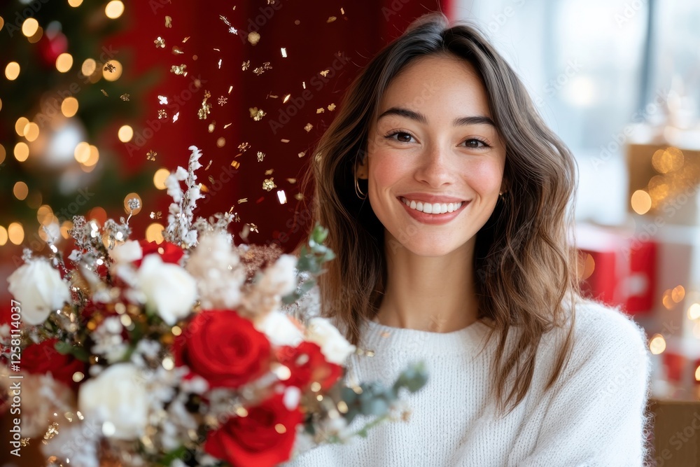 A cheerful young woman smiles warmly while holding a beautiful bouquet of red and white flowers, surrounded by a festive ambiance and twinkling lights. A cheerful young woman smiles warmly while holding a beautiful bouquet of red and white flowers, surrounded by a festive ambiance and twinkling lights.