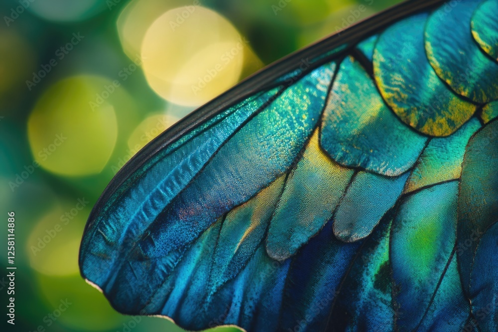 Obraz premium Close-up of iridescent blue and green butterfly wing, showcasing intricate texture and vibrant colors against a blurred green background.