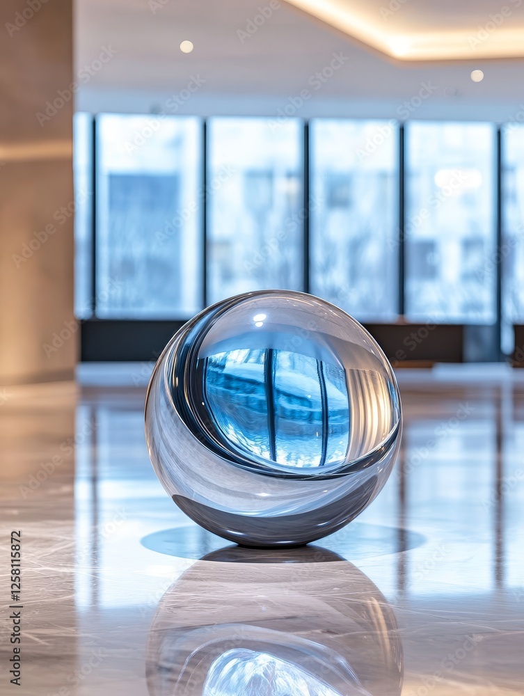 Modern Glass Sphere Sculpture in Luxury Lobby - A contemporary glass sphere art piece reflects a modern building's interior, symbolizing elegance, sophistication, reflection, innovation Modern Glass Sphere Sculpture in Luxury Lobby - A contemporary glass sphere art piece reflects a modern building's interior, symbolizing elegance, sophistication, reflection, innovation