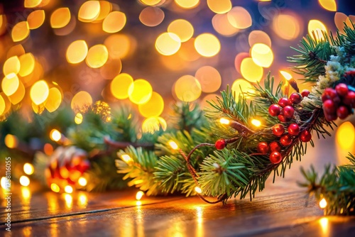 Festive Garland Bokeh Background with Copy Space - Christmas, Holiday, Celebration, Winter, Lights