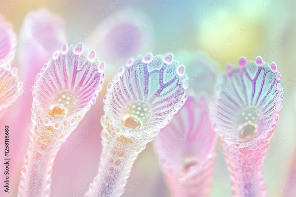 Naklejka premium Close-up of pastel-colored, intricate, bioluminescent structures resembling delicate flowers or sea creatures.
