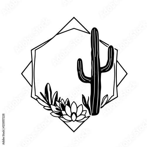 Black and White Cactus: A stylized illustration with a cactus at its heart and surrounded by a geometrical frame.