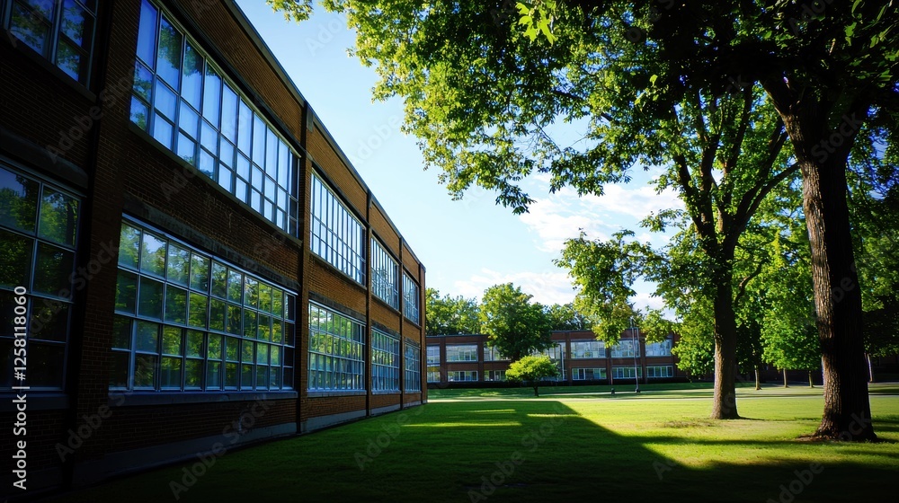Long two-story school building with large windows and grassy area Long two-story school building with large windows and grassy area