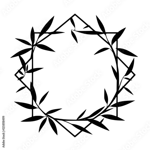 Black and White Bamboo Circle Frame Composition with Leaf and Stem Foliage. Geometric Design.