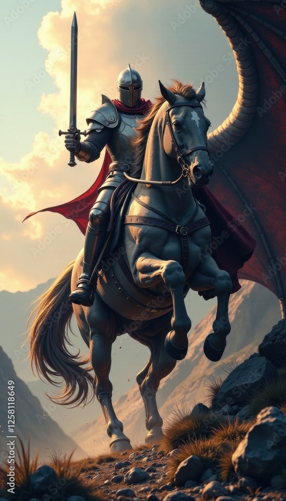 Fototapeta premium A knight on horseback battling a giant dragon with claws , claws, knight, military