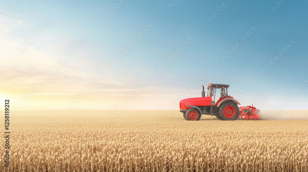 Fototapeta premium Tractor in Wheat Field: A red tractor plows through a vast golden wheat field, as the sun sets in the distance, painting the sky with vibrant hues of orange and pink.