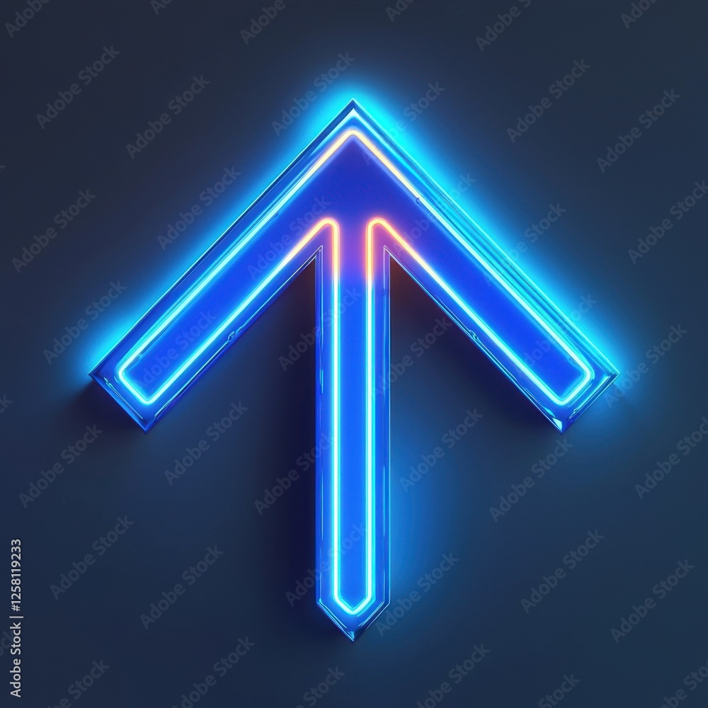 Neon arrow pointing upwards on a dark background with blue and orange color, showing a modern, digital and technological design. Neon arrow pointing upwards on a dark background with blue and orange color, showing a modern, digital and technological design.