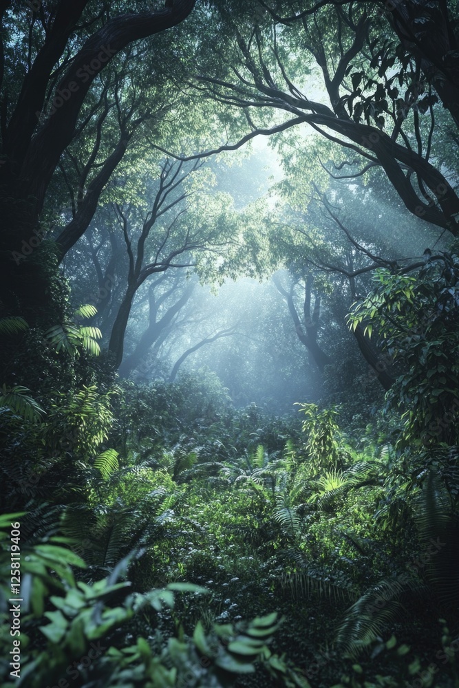 Fototapeta premium Winding path in dense foggy jungle, with light beams piercing through the trees. A mystical and adventurous scene.