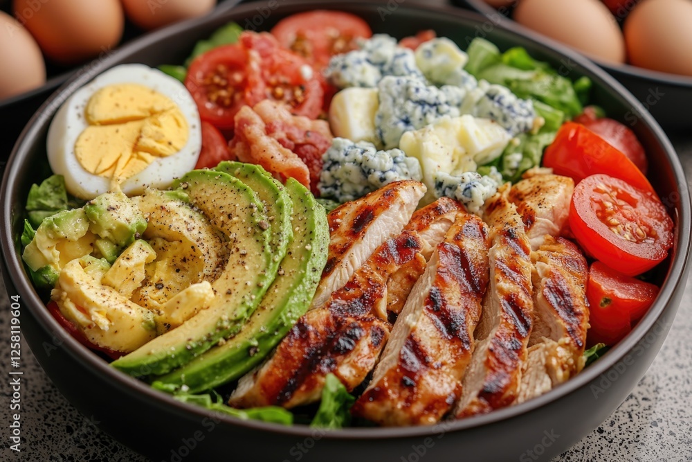 Salad with grilled chicken, avocado, tomatoes and feta cheese on a bed of lettuce. Salad with grilled chicken, avocado, tomatoes and feta cheese on a bed of lettuce.