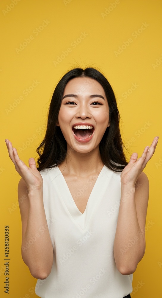 Excited Asian Woman with Open Mouth and Raised Hands on Yellow Background Excited Asian Woman with Open Mouth and Raised Hands on Yellow Background