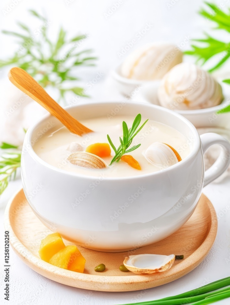 Freshly Made Clam Chowder in Rustic Bowl - Creamy clam chowder, rustic bowl, fresh herbs, coastal comfort food, delicious seafood soup Freshly Made Clam Chowder in Rustic Bowl - Creamy clam chowder, rustic bowl, fresh herbs, coastal comfort food, delicious seafood soup