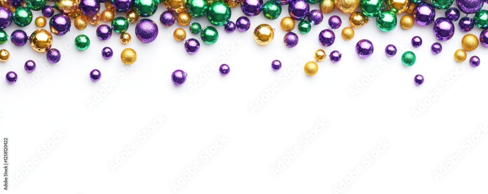 Designer frame with beads or garland in purple, green and yellow, traditional colors of Mardi Gras carnival, Decorative glossy realistic elements isolated on white background Designer frame with beads or garland in purple, green and yellow, traditional colors of Mardi Gras carnival, Decorative glossy realistic elements isolated on white background