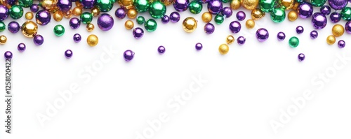 Designer frame with beads or garland in purple, green and yellow, traditional colors of Mardi Gras carnival, Decorative glossy realistic elements isolated on white background