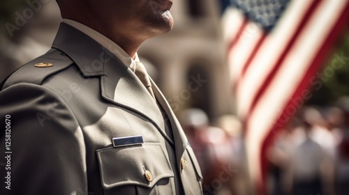 photograph of Shoulder angle. Focus on the American flag on the shirt of a soldier on parade. Marching photo