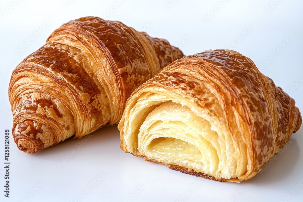 Φωτογραφία A tempting duo of golden-brown croissants, one whole and the other sliced, showcasing the delightful layers of the French pastry