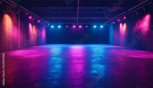 Nightclub scene with ultraviolet neon lights creating an electric ambiance in an empty room  perfect for events or modern dance settings.