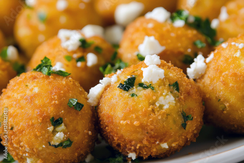 Close-up of crispy fried cheese balls with herbs and garnish. photo