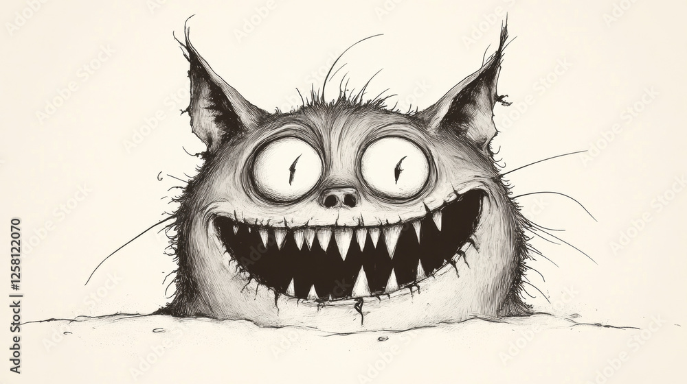 Naklejka premium Cruel cat, A surreal image of a cat with a stitched mouth and glowing eyes, emphasizing high fidelity and detail.