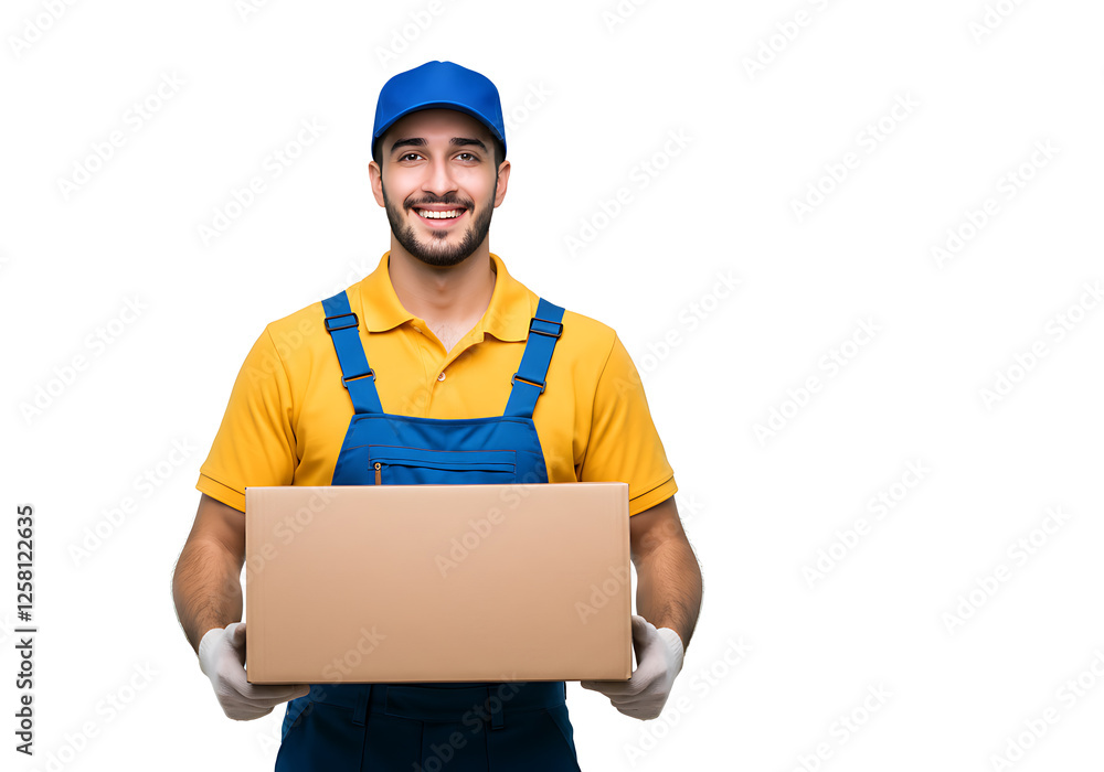 Happy Delivery Man Holding Cardboard Box, Smiling Courier in Uniform, Professional Package Service, Fast and Reliable Shipping, Express Delivery, Safe Transportation Happy Delivery Man Holding Cardboard Box, Smiling Courier in Uniform, Professional Package Service, Fast and Reliable Shipping, Express Delivery, Safe Transportation