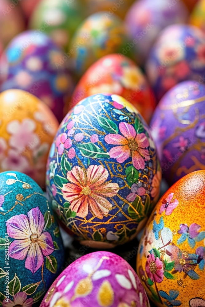 Fancy, hand-painted eggs with floral patterns and vibrant colors for festive celebration. Fancy, hand-painted eggs with floral patterns and vibrant colors for festive celebration.