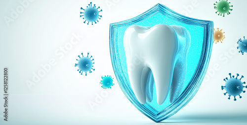 Healthy white tooth is protected by glowing blue shield, surrounded by floating bacteria and viruses, symbolizing strong dental health and protection against infections