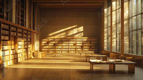 serene view of abandoned library with golden light illuminating wooden shelves and tables  creating peaceful atmosphere