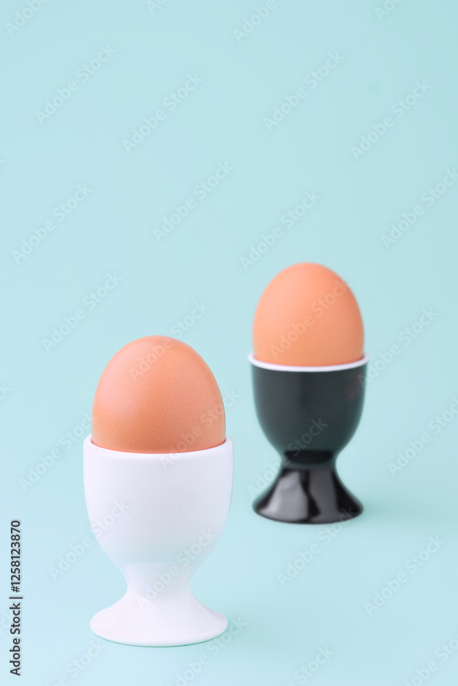 Two eggs in white and black cups on a blue background Two eggs in white and black cups on a blue background
