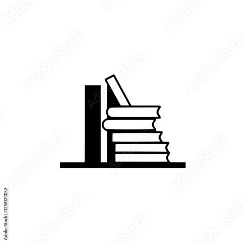 Minimalist black and white illustration depicting stack of books on a shelf, with one book leaning.