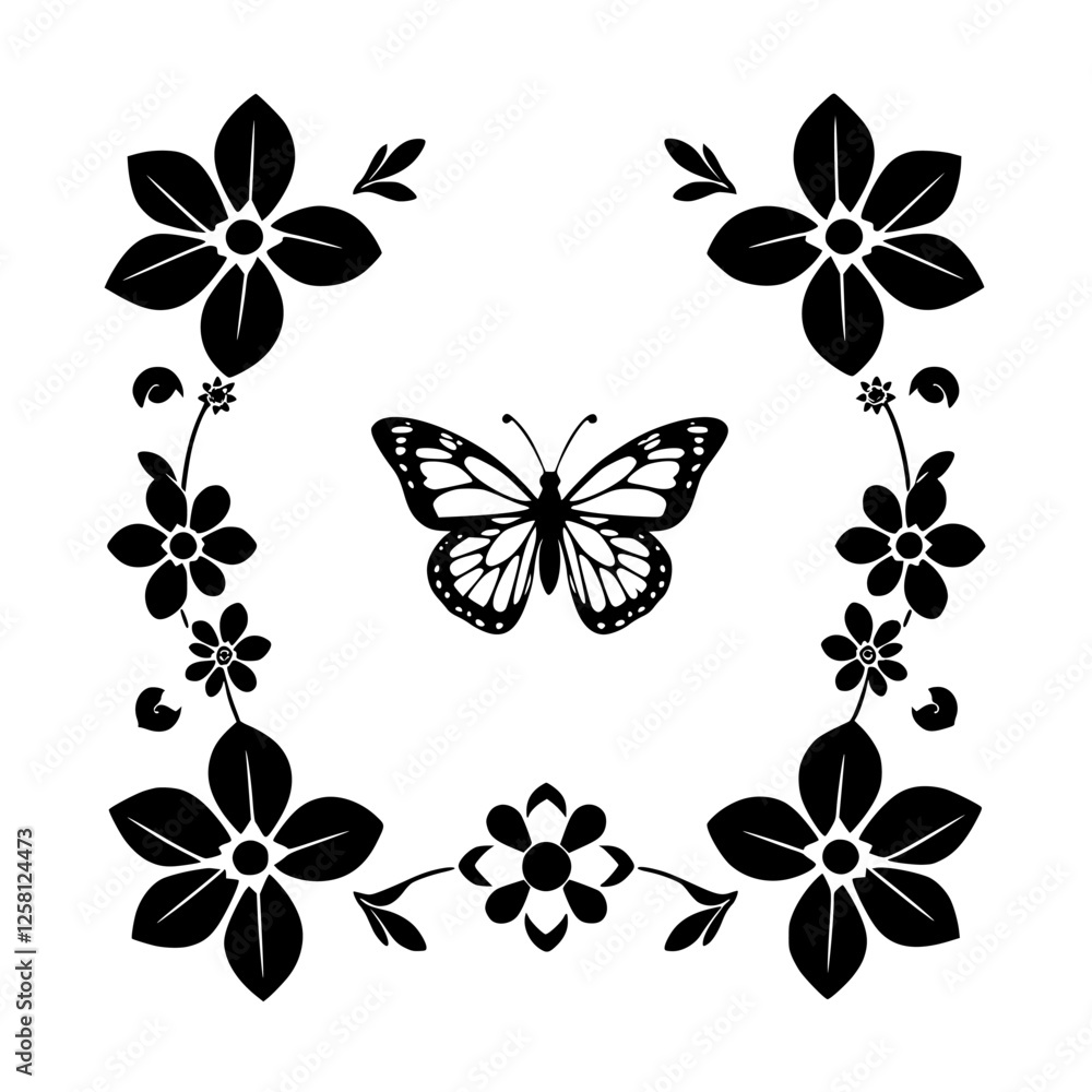 Obraz premium Butterfly and Flowers Composition, black and white graphic illustration, butterfly and floral shapes.