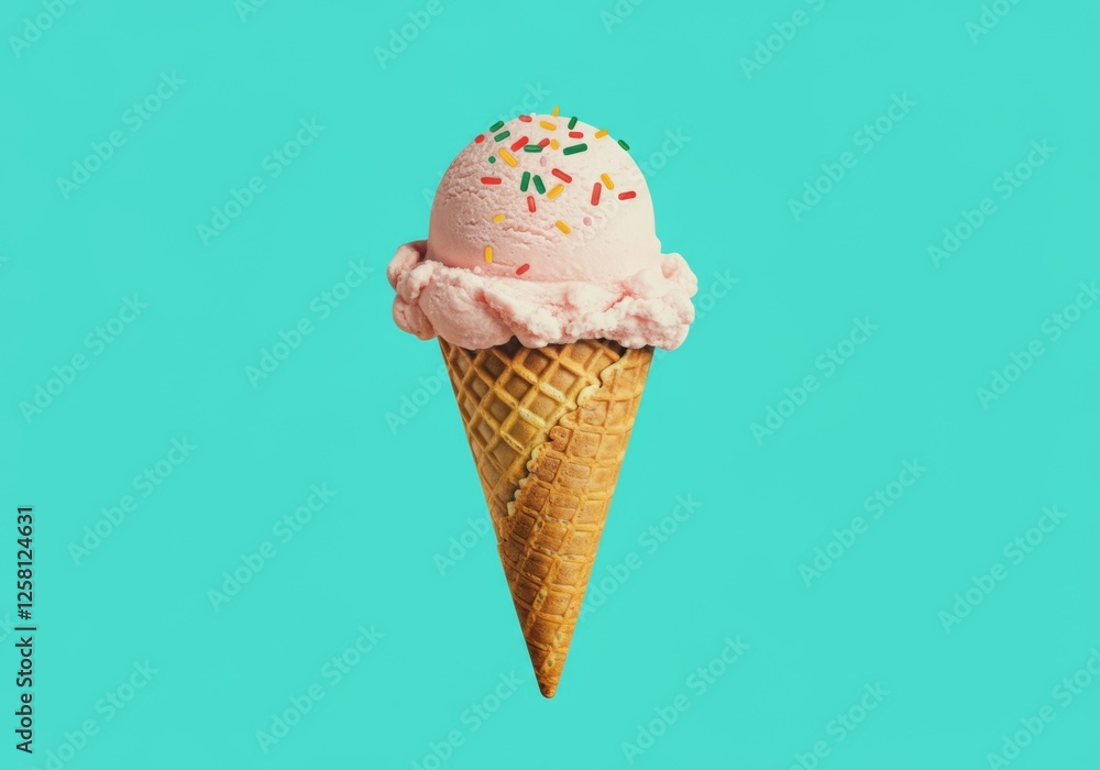 Pink ice cream cone with sprinkles on a teal background. Pink ice cream cone with sprinkles on a teal background.