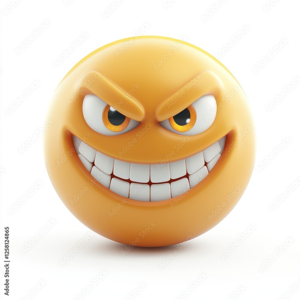 Yellow spherical emoji, mischievous grin, large teeth, angry eyebrows, glossy surface, 3D rendering, expressive cartoon face, vibrant orange color, white background, high detail, studio lighting, prod Yellow spherical emoji, mischievous grin, large teeth, angry eyebrows, glossy surface, 3D rendering, expressive cartoon face, vibrant orange color, white background, high detail, studio lighting, prod