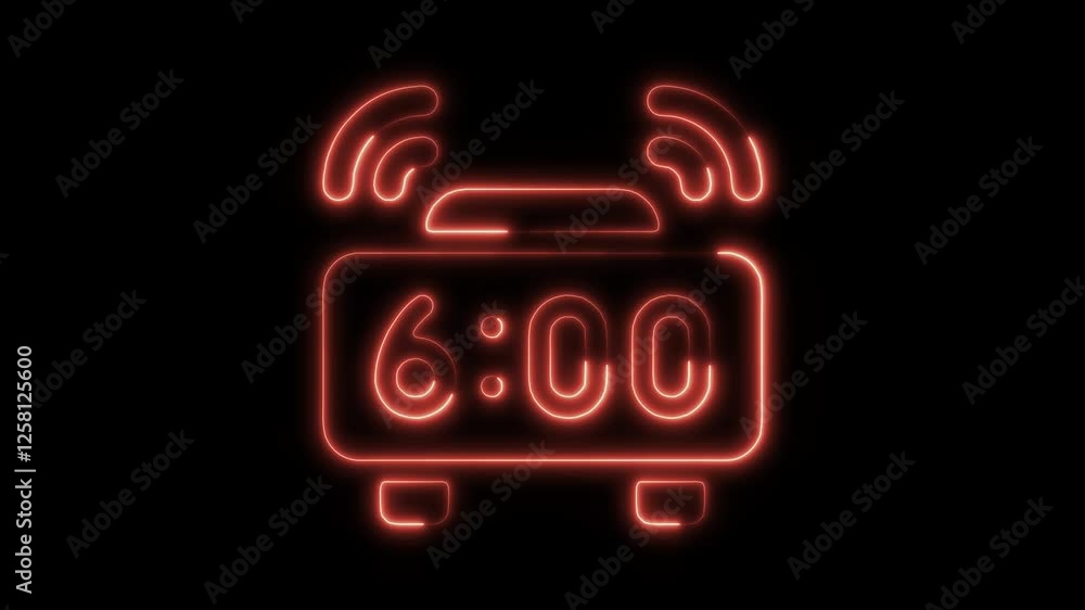 Glowing neon alarm clock icon isolated on black background. HD Video motion graphic animation Glowing neon alarm clock icon isolated on black background. HD Video motion graphic animation