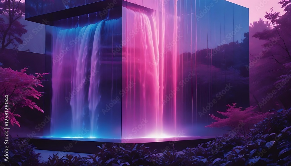 Fototapeta premium Neon Lit Waterfall Cascading Down Modern Building