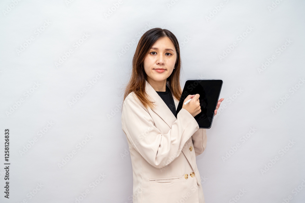 Businesswoman Using Digital Tablet with Stylus for Work,Professional Woman Writing on a Tablet in a Corporate Setting Businesswoman Using Digital Tablet with Stylus for Work,Professional Woman Writing on a Tablet in a Corporate Setting
